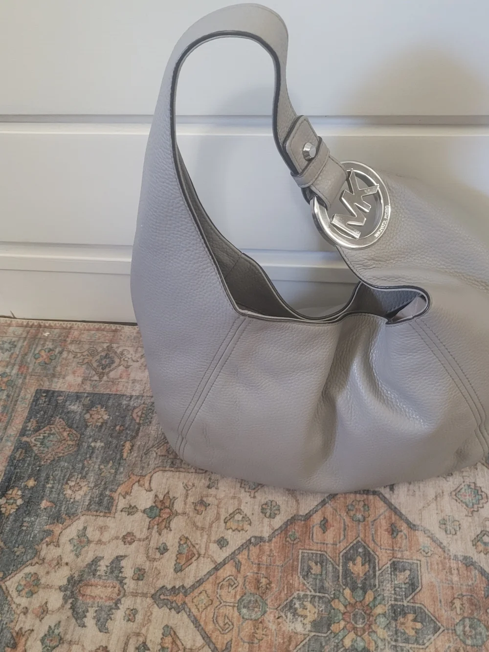 Michael Kors Pebbled Leather Hobo Bag in Light Gray with Silver MK Charm